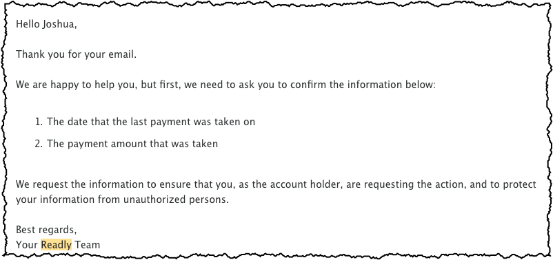 Screenshot of email response from Readly